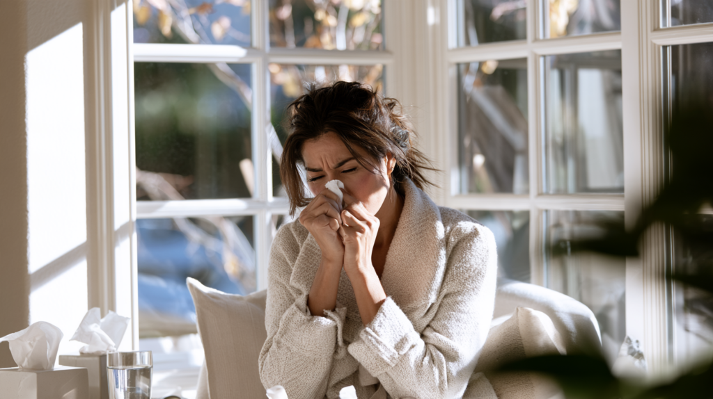 Woman at home blowing her nose while experiencing sinus pressure and cold-like symptoms.