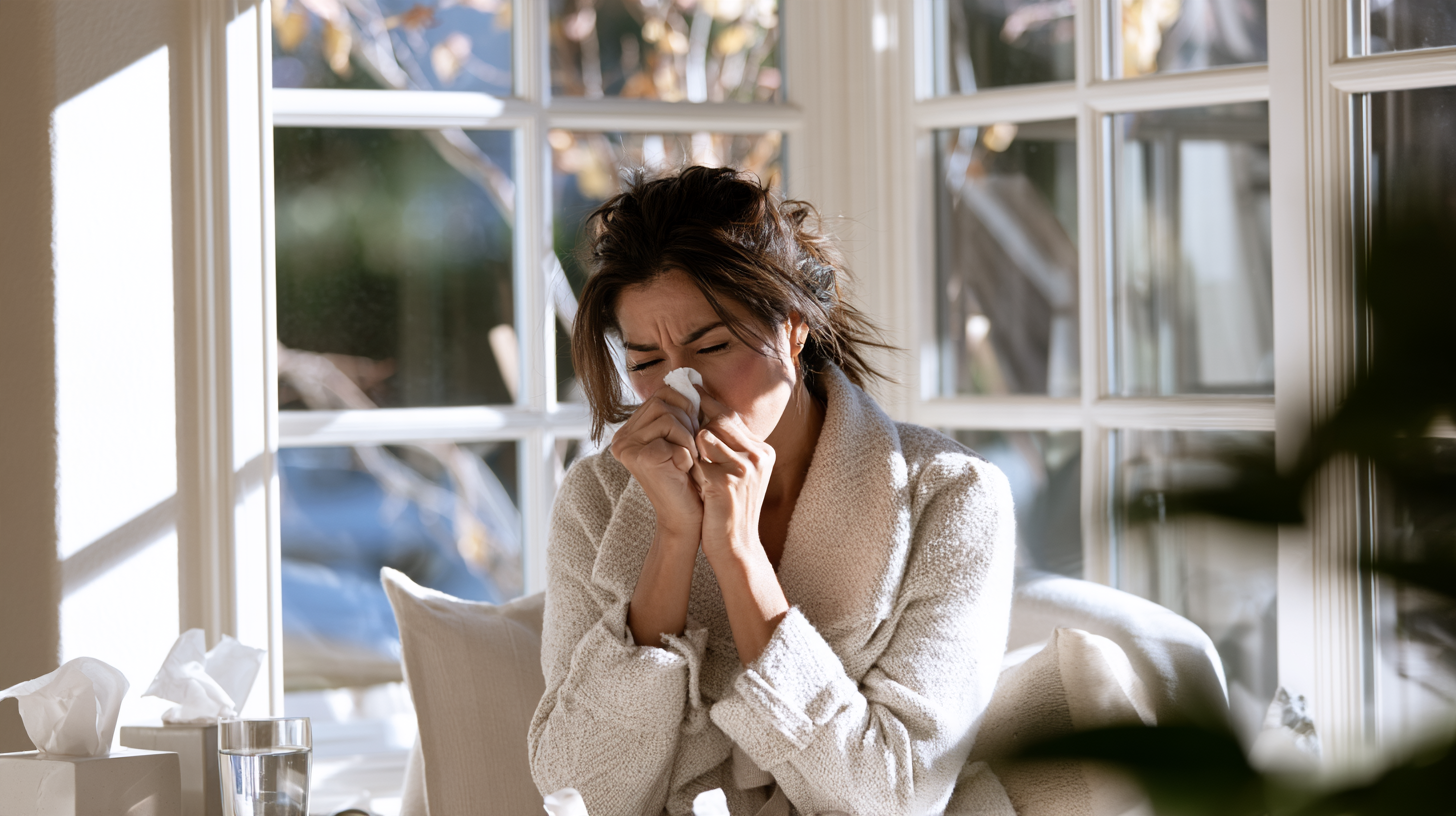 Woman at home blowing her nose while experiencing sinus pressure and cold-like symptoms.