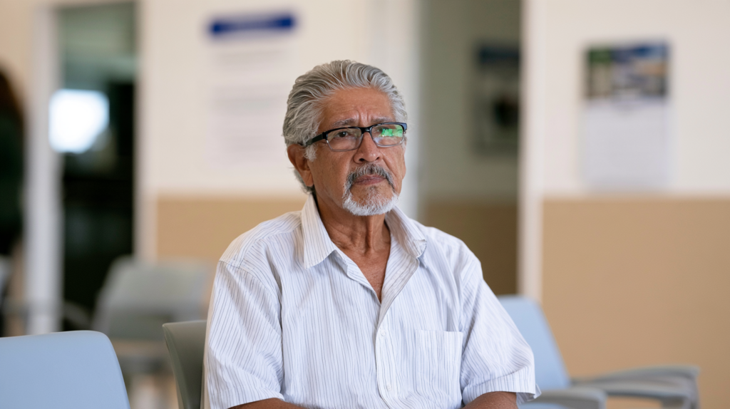Older man waiting at a medical clinic to discuss RSV vaccination and preventive care.
