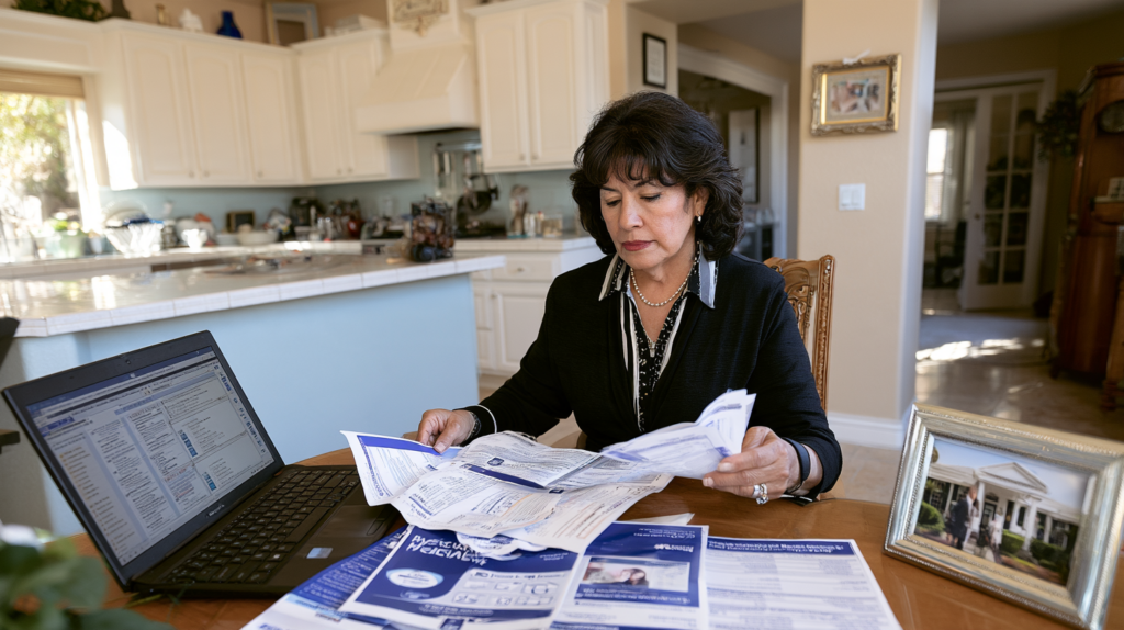 Older woman reviewing Medicare documents at home while comparing healthcare coverage and plan options.