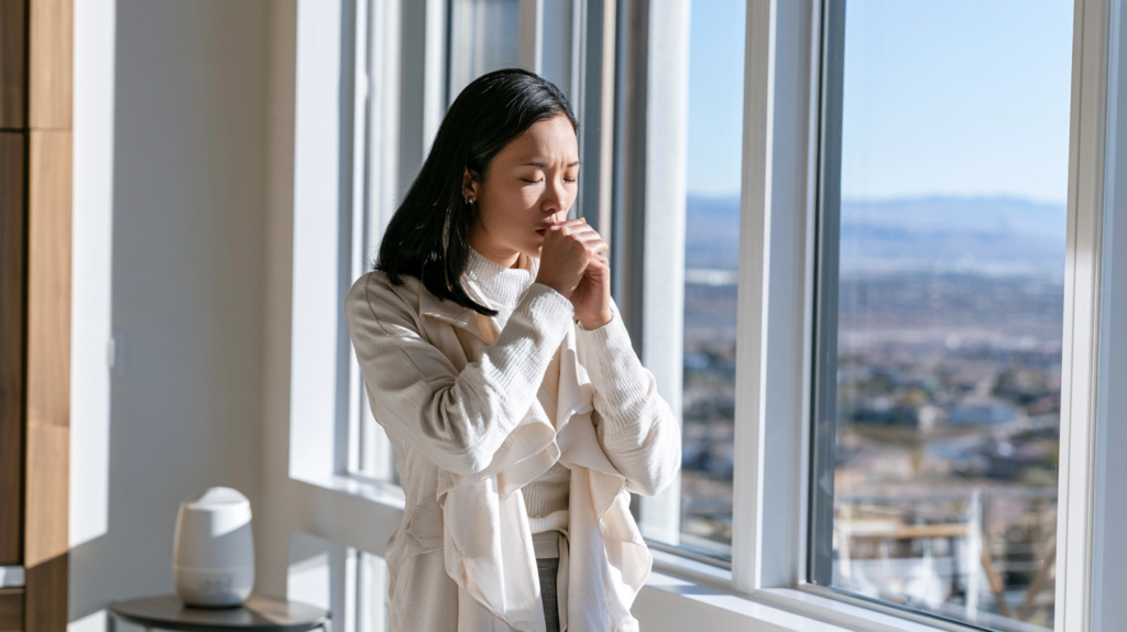 Woman coughing near a window during dry winter weather in Las Vegas.