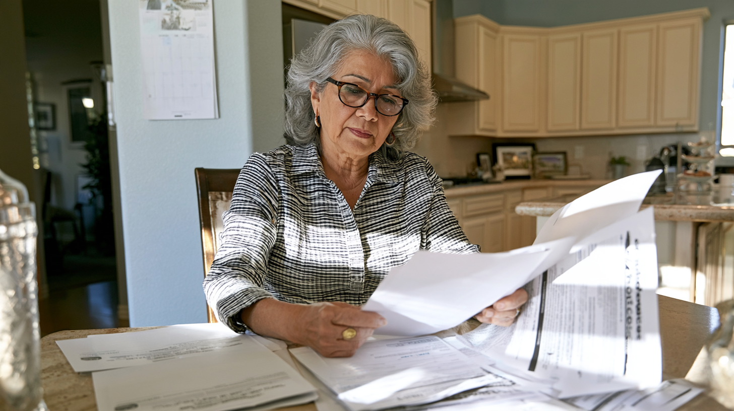Older woman reviewing Medicare documents at home before annual enrollment.