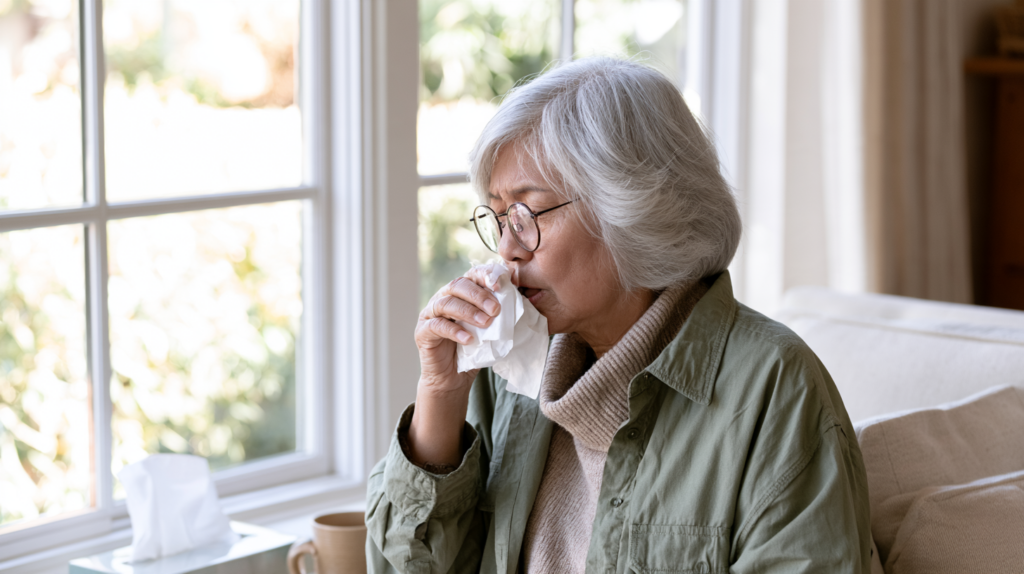 Older woman coughing into a tissue at home while recovering from a respiratory illness.