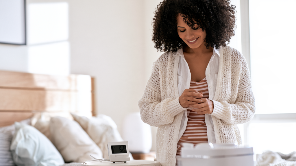 Woman using a humidifier at home to relieve dry air and respiratory discomfort.