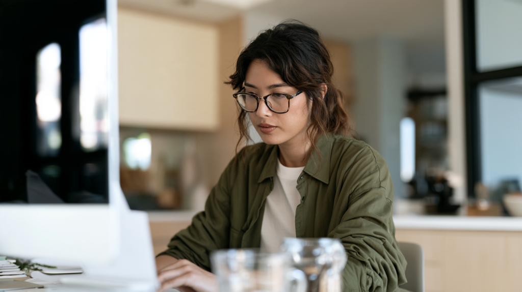 Woman working at a computer while dealing with muscle tension that may contribute to chronic pain and trigger points.