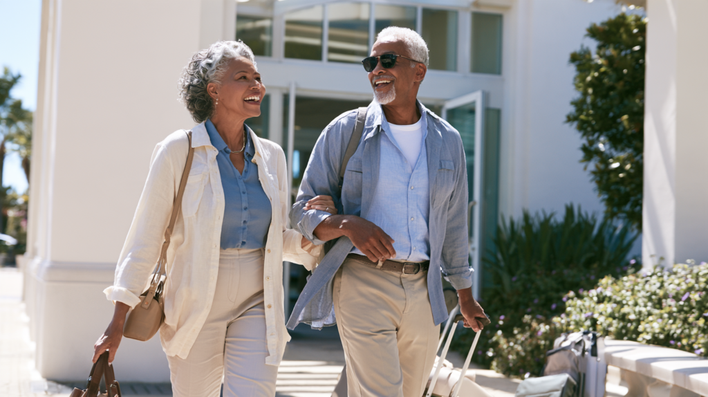 Senior couple leaving a healthcare facility together while navigating Medicare coverage and medical care options.