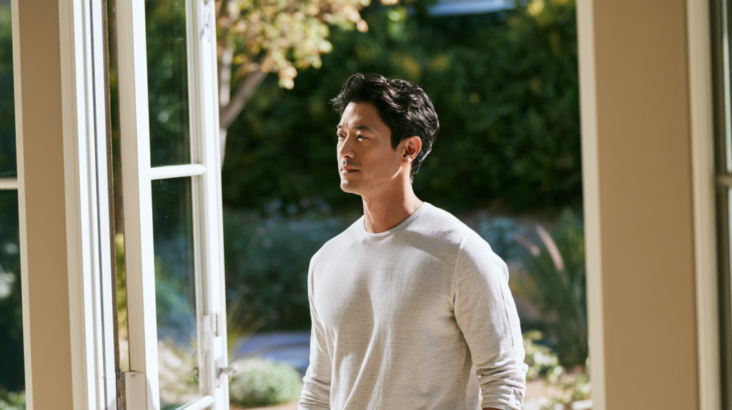 Man standing near an open window while experiencing possible allergy or sinus symptoms.