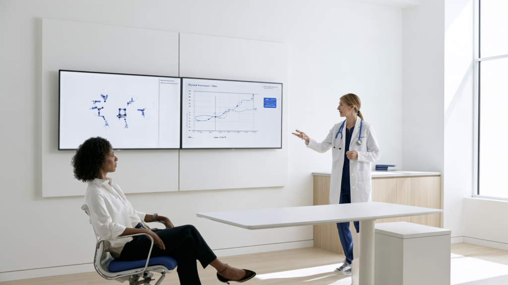 Doctor explaining thyroid antibody test results and Hashimoto’s disease during a medical consultation.