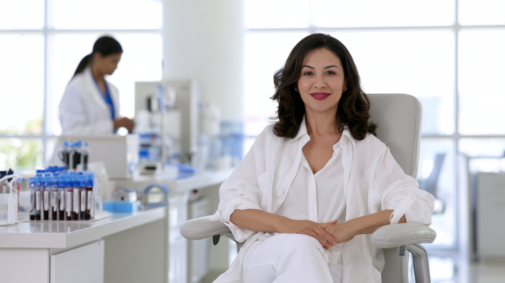 Patient in a medical laboratory setting undergoing testing for possible causes of numbness and tingling.