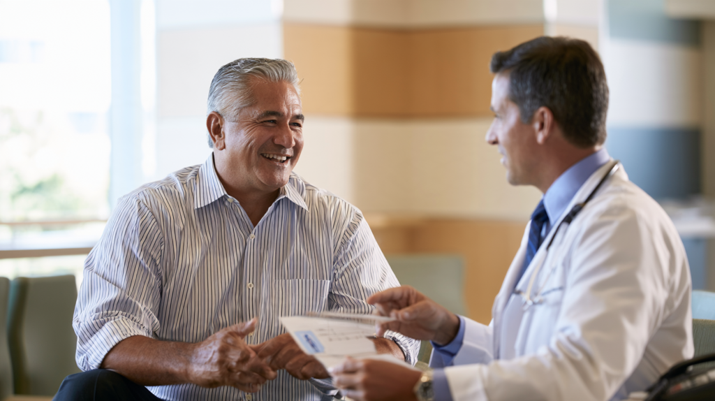 Male patient discussing osteoporosis risk, screening, and bone health with his doctor.