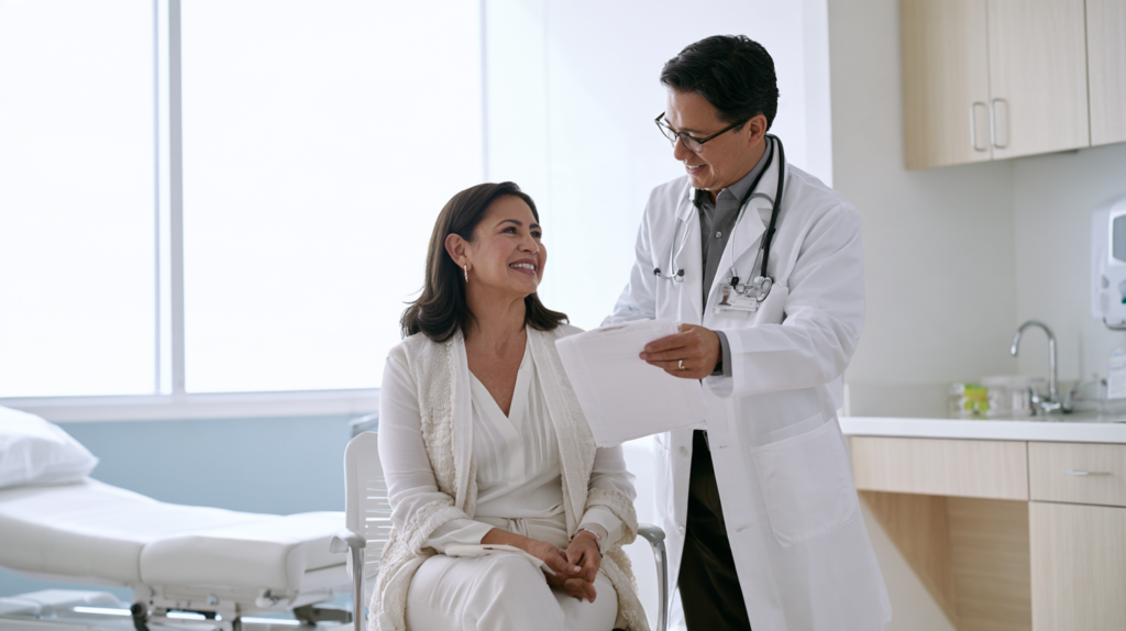 Doctor reviewing pneumococcal vaccine recommendations and eligibility with an adult patient.