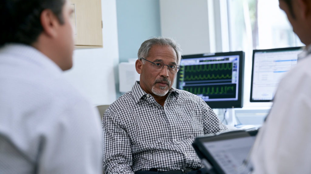 Adult patient discussing possible hyperthyroidism symptoms and thyroid testing with healthcare providers.