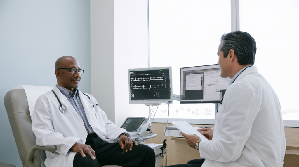 Doctors reviewing heart monitoring results during evaluation for possible hyperthyroidism symptoms.