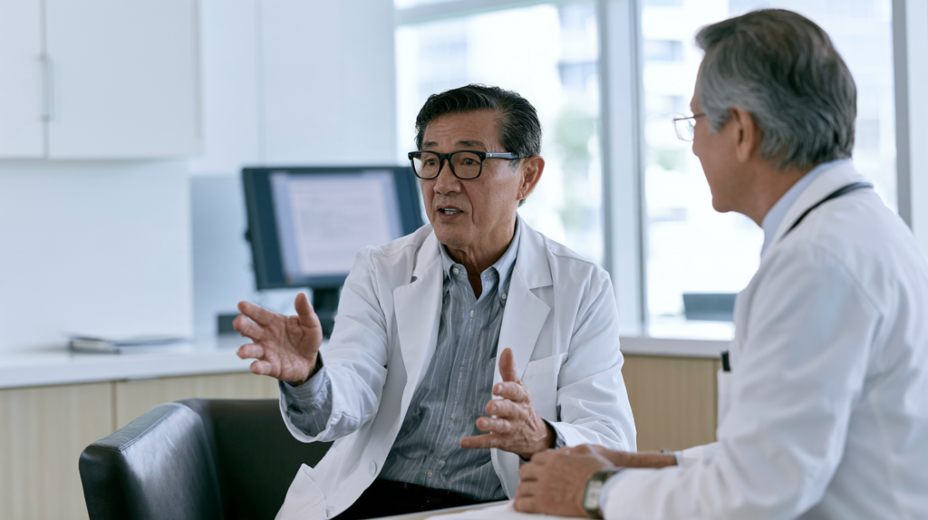 Doctors discussing patient care and referral requirements under Medicare Advantage and Original Medicare.
