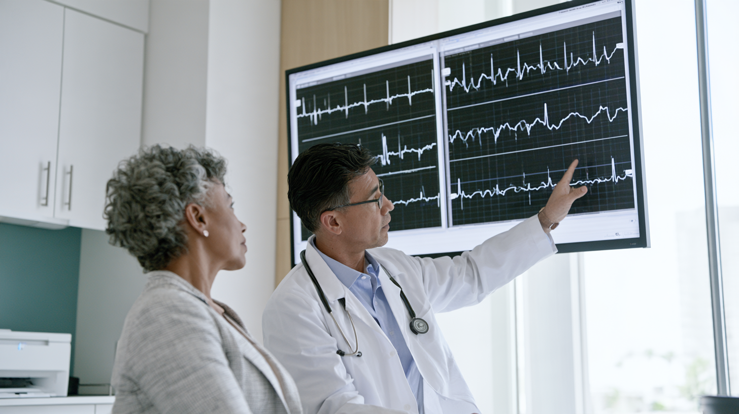 Doctor explaining EKG rhythm results to a patient during a cardiac follow-up visit.