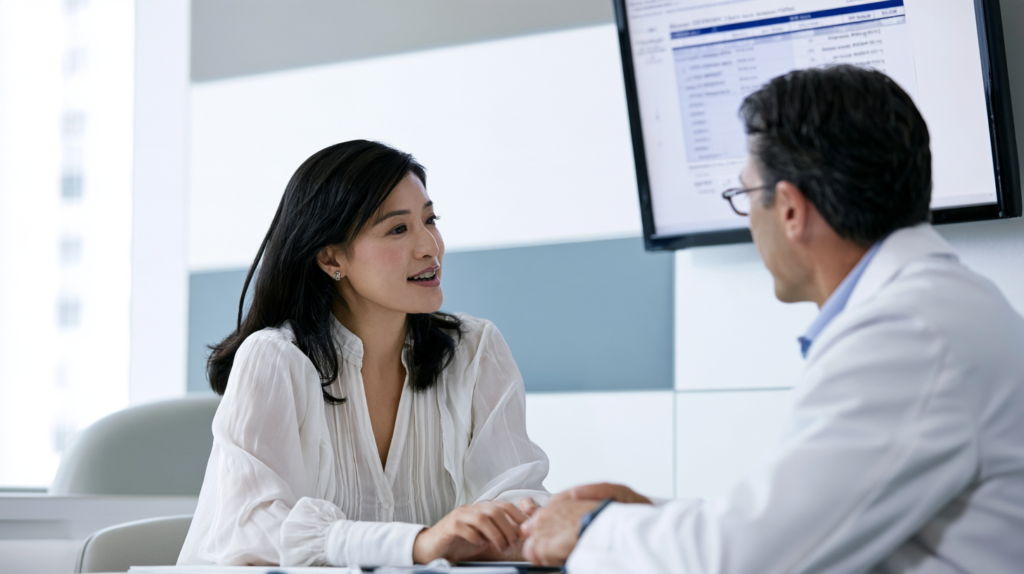 Patient speaking with a primary care doctor about tests and evaluation for perimenopause symptoms.
