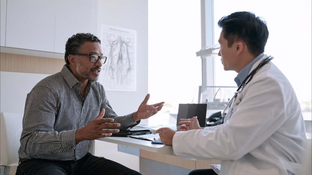 Patient discussing numbness and tingling in the hands and feet with a primary care doctor.