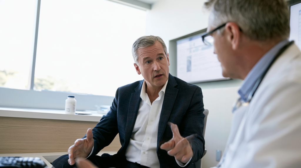 Patient discussing a persistent cough with a primary care doctor during a medical visit.