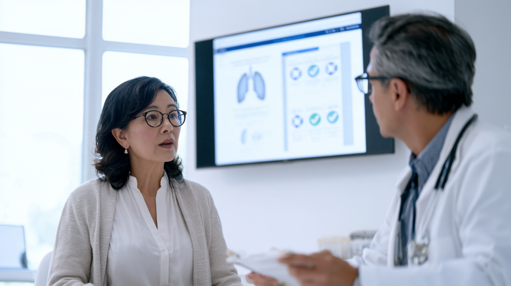 Adult patient speaking with a doctor about RSV vaccine guidelines, eligibility, and recommended age.