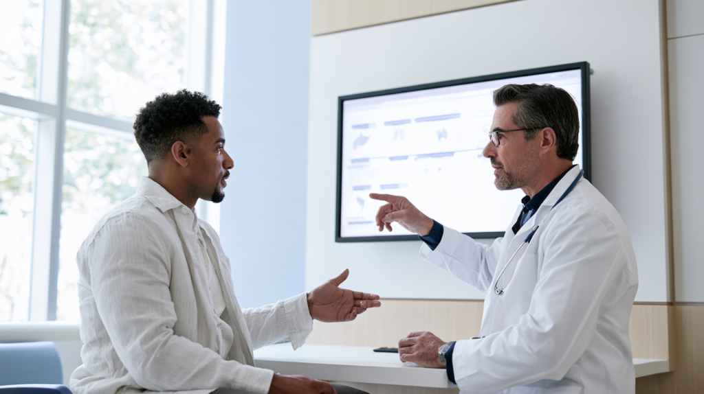 Doctor explaining pneumococcal vaccine recommendations to an adult patient during a primary care visit.