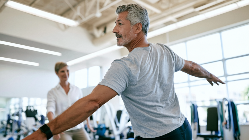Man performing guided rehabilitation exercises to improve mobility and reduce chronic muscle pain.