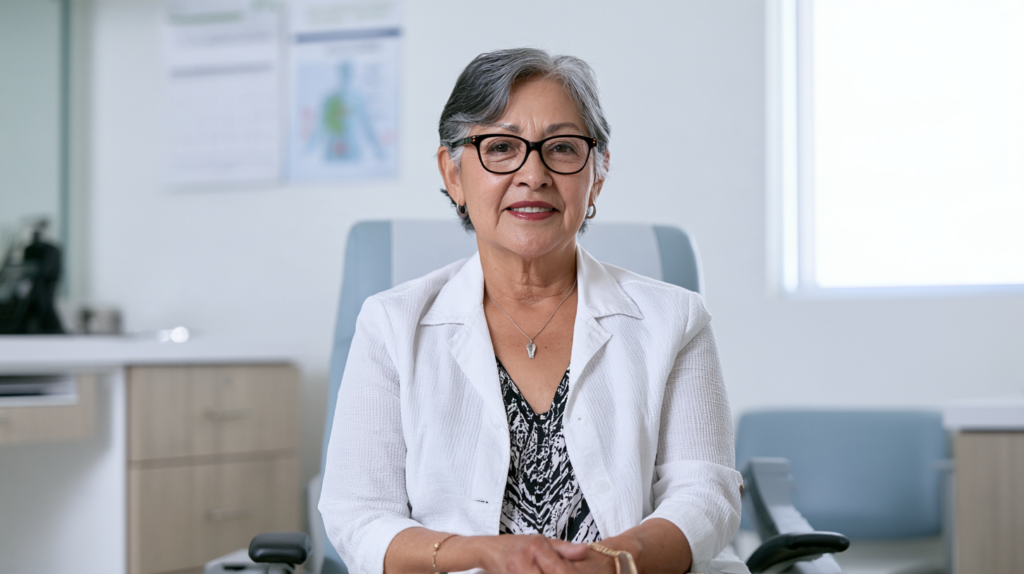 Older woman at a healthcare clinic during a preventive care visit focused on RSV vaccination.