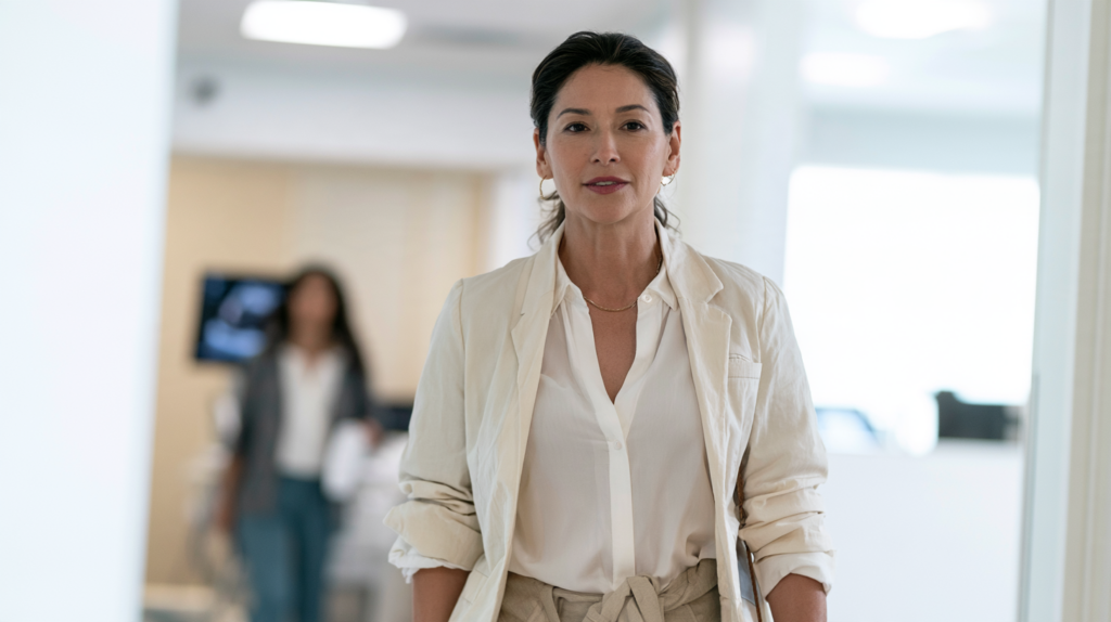 Woman attending a primary care visit for evaluation of possible perimenopause symptoms and hormonal changes.