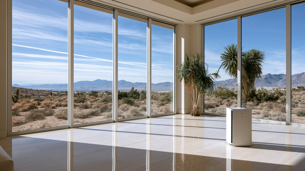 Air purifier in a Las Vegas home with desert landscape visible through large windows.