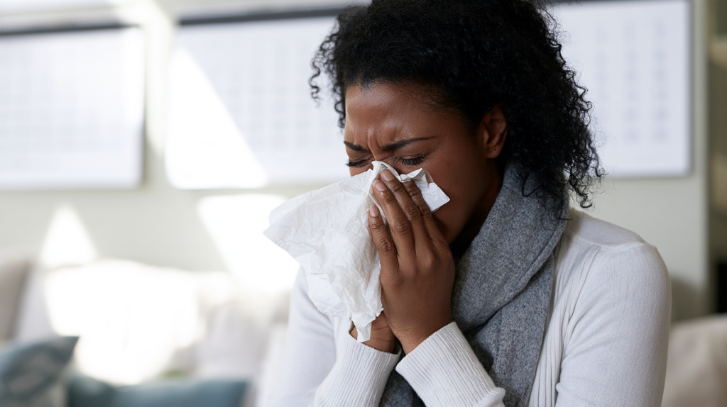 Woman sneezing into a tissue while experiencing nasal congestion and possible allergy or cold symptoms.
