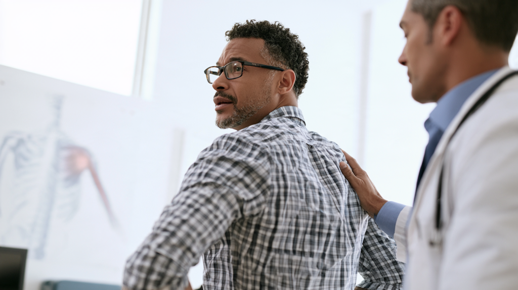 Doctor examining a patient with shoulder and upper back pain to identify possible trigger points and muscle tension.